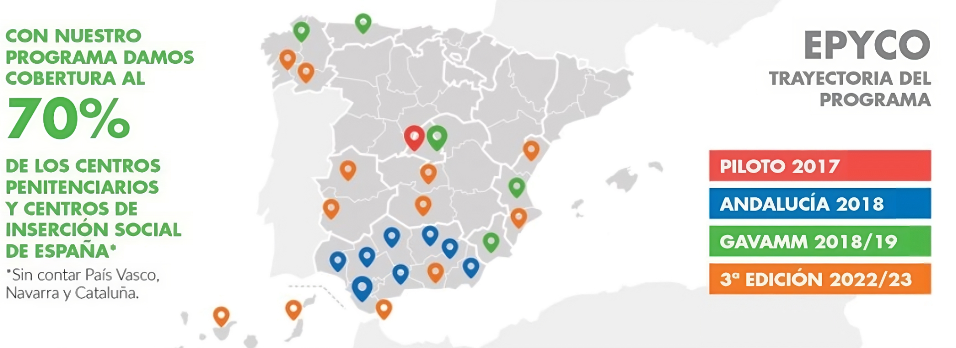 Mapa de España - Centros Penitenciarios con el programa de inserción sociolaboral de personas privadas de libertad EPYCO - ACH